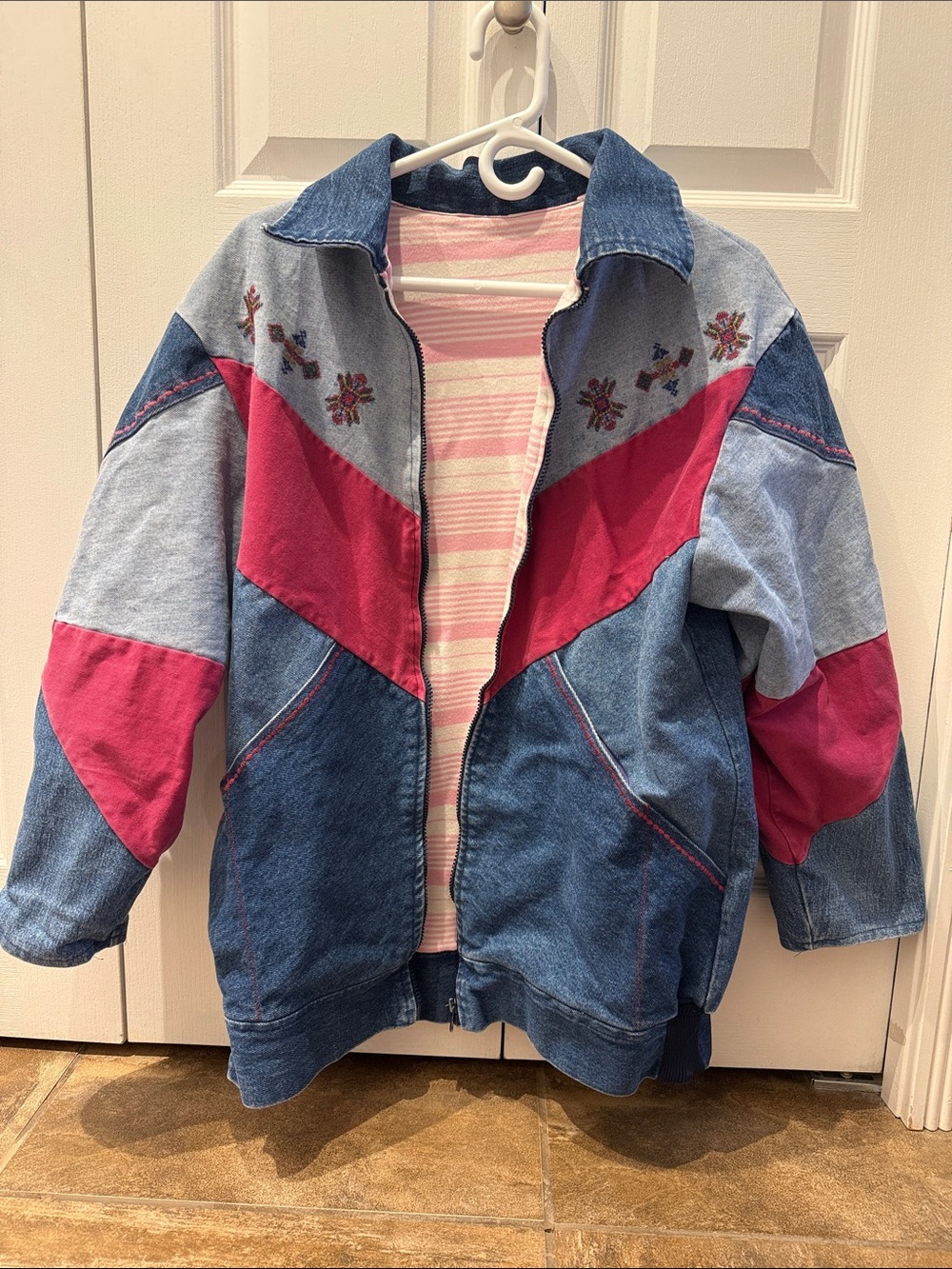 Ladies' Oversized Colorblock Denim Jacket with Pink Accents